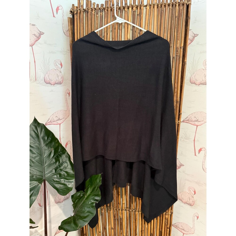 Vintage Black Knit Asymmetrical Poncho Shawl Wrap Coverup One Size